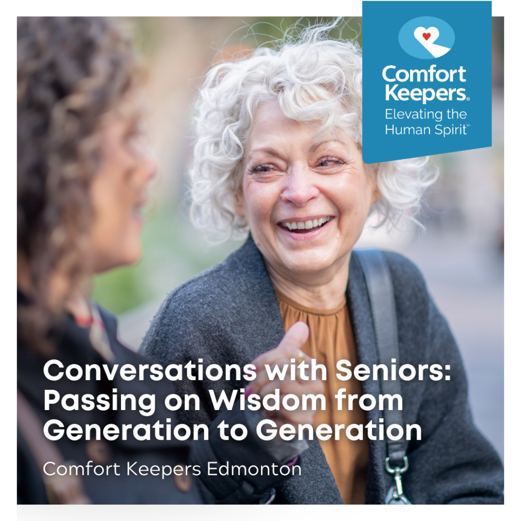 Senior woman seated and smiling with another | Conversations with Seniors - Comfort Keepers Edmonton - BLOG POST