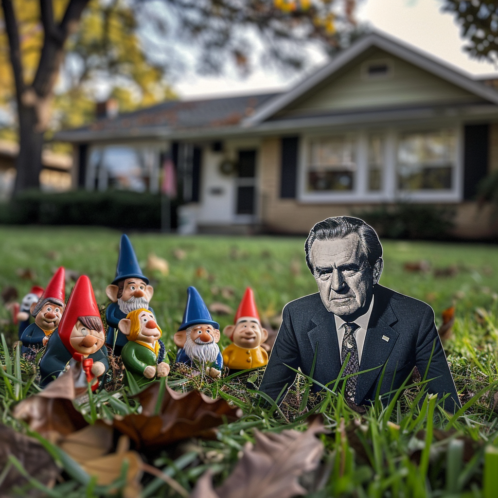 Pranks for Seniors: A group of gnomes huddled together on the front lawn of a suburban home - along with an out-of-place cardboard cutout of a random man in a suit who appears to be infringing on their space.