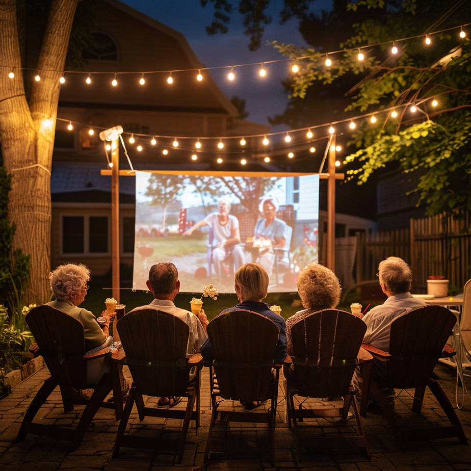 A group of seniors sitting together in the backyard at nighttime, watching a film on projector screen.