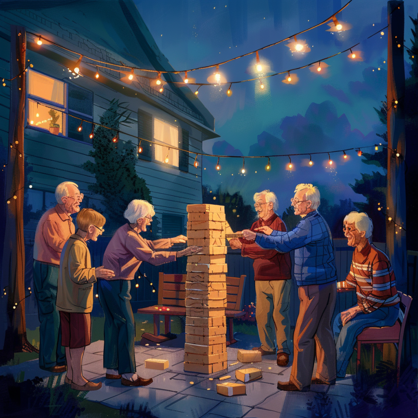 A group of jolly seniors playing an oversized version of Jenga in their friend's backyard during nighttime.