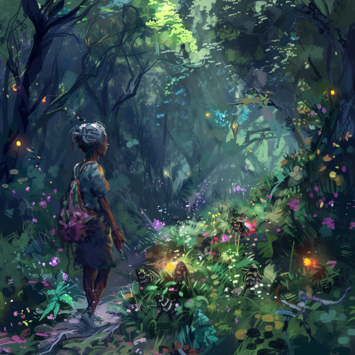 A woman hiking through a magical forest.