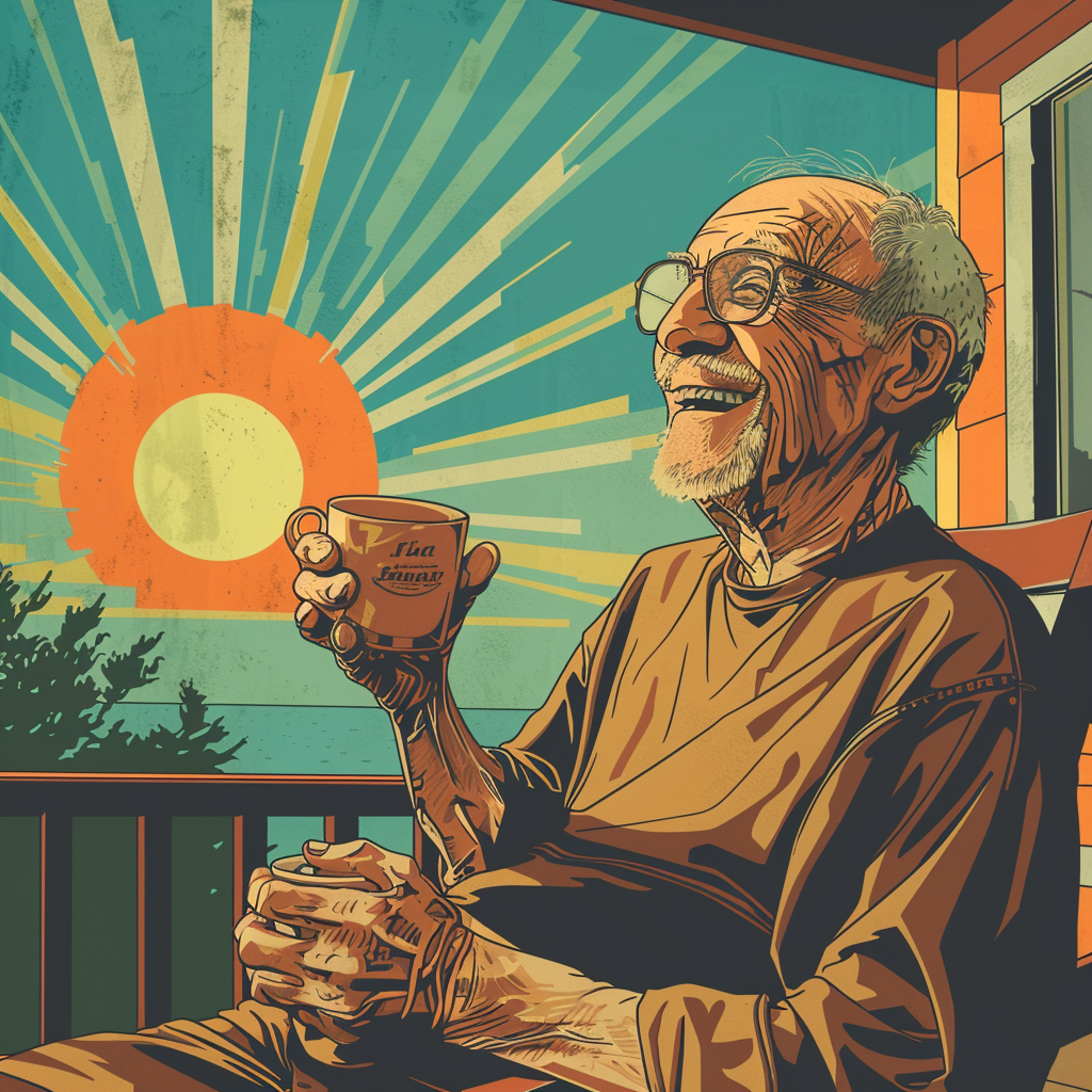 The Ultimate Seniors' Daily Routine: An elderly gentleman sitting on a porch, drinking coffee at sunrise.