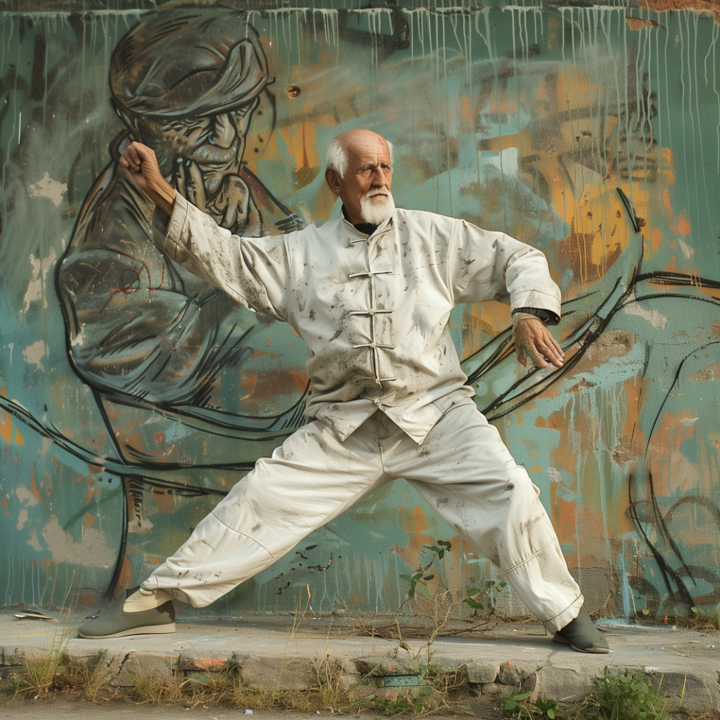 An elderly gentleman performing tai chi in a public space.