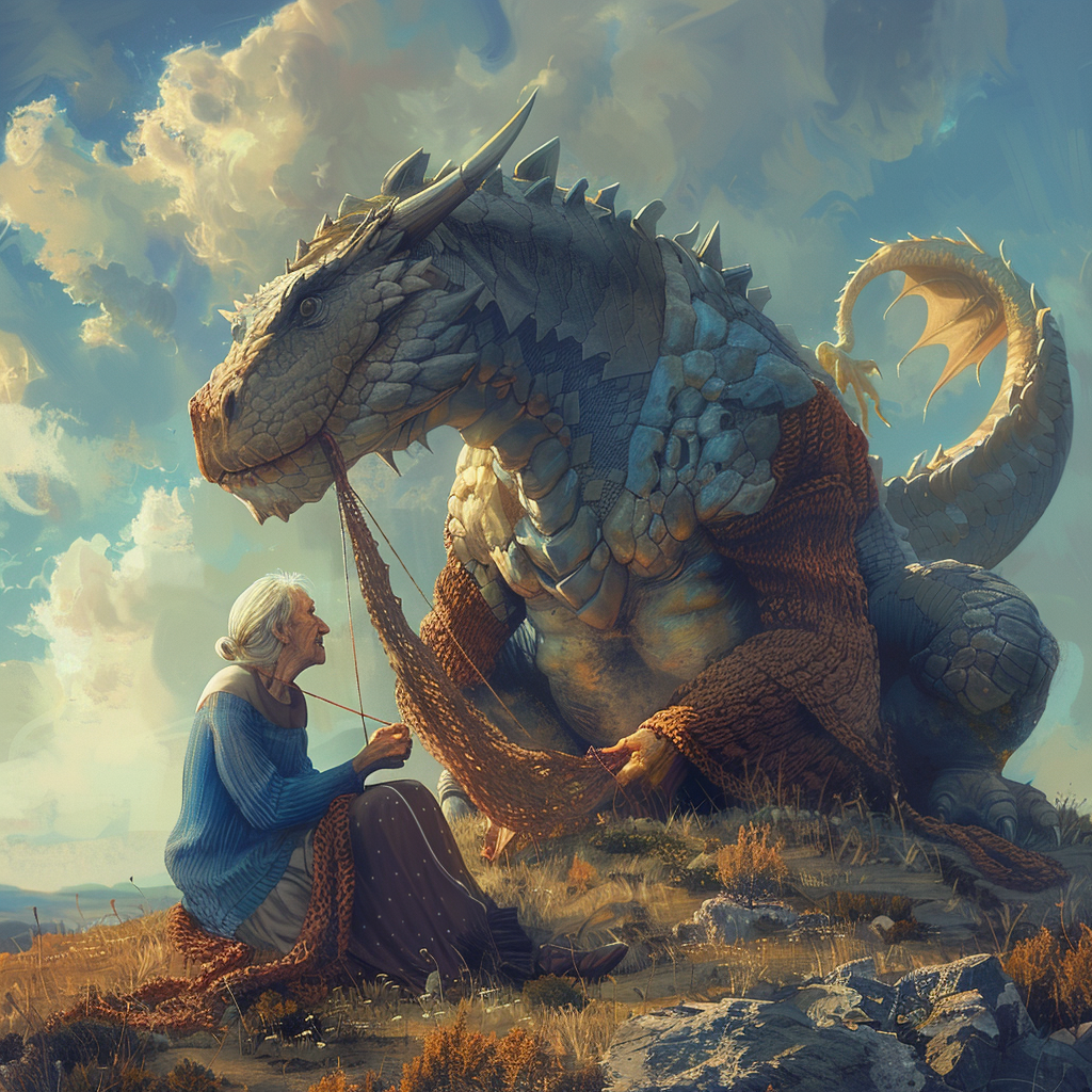 A sagely woman sitting atop a hill with her pet dragon. She is knitting a sweater for the dragon.