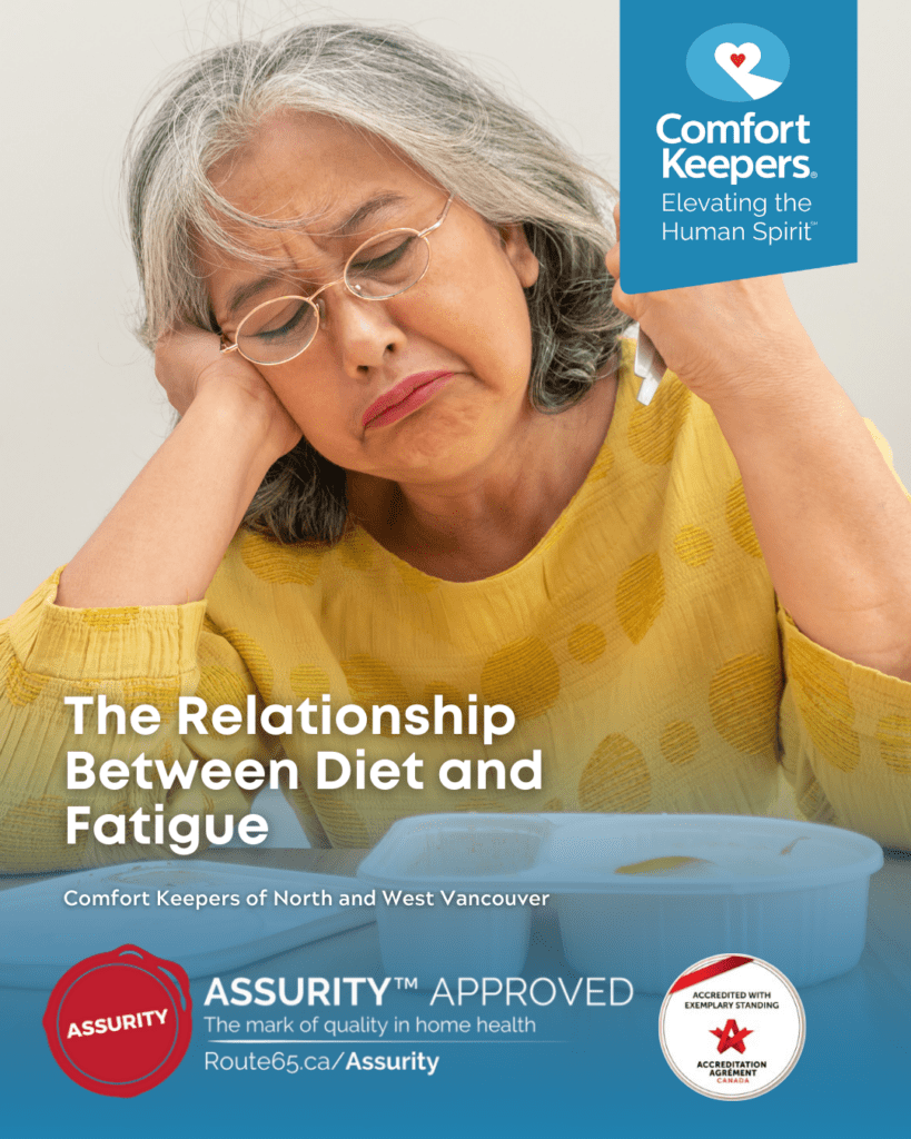 Senior woman seated and eating with an unhappy face | The relationship Between Diet and Fatigue | Comfort Keepers North and West Vancouver