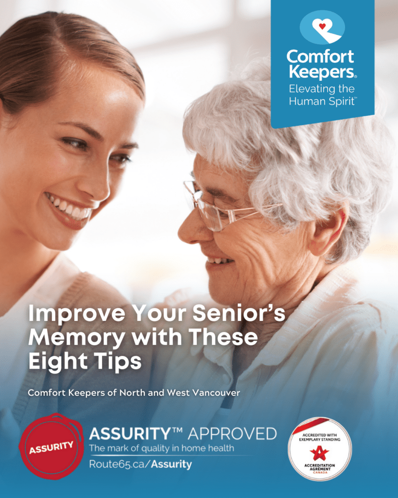 Senior woman smiling with caregiver | Improve Your Senior's Memory with These 8 Tips | Comfort Keepers North and West Vancouver