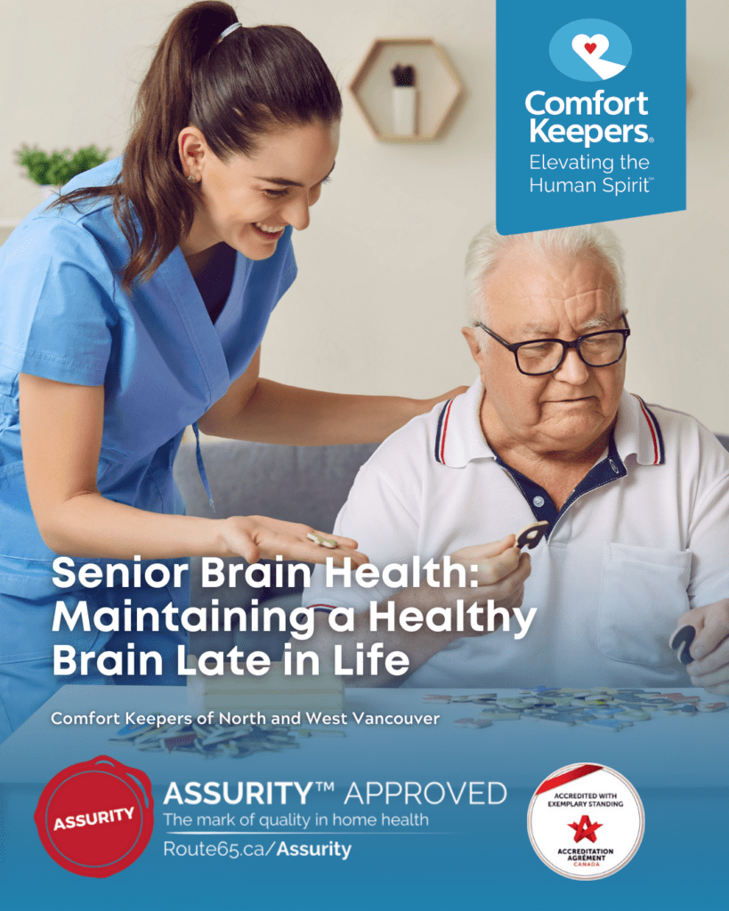 Senior male working on a puzzle while caregiver looks on | Senior Brain Health: Maintaining a Healthy Brain Late in Life | Comfort Keepers North and West Vancouver