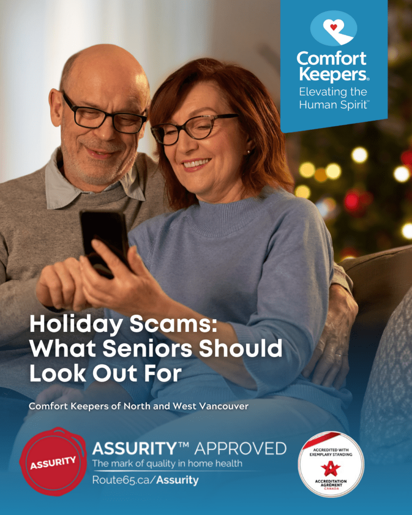 Two seniors seated on couch looking at phone | Holiday Scams and Seniors | Comfort Keepers North and West Vancouver | BLOG POST