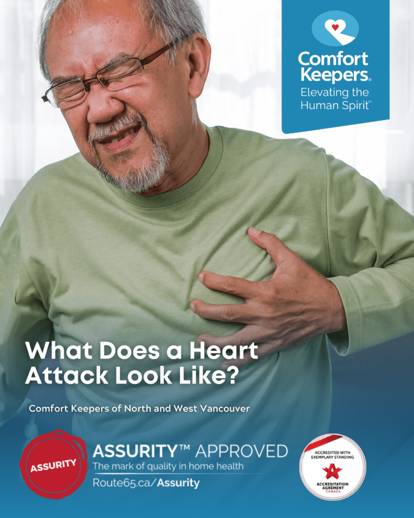 Senior male seated on couch gripping chect | What Does a Heart Attack Look Like | Comfort Keepers North and West Vancouver | BLOG POST