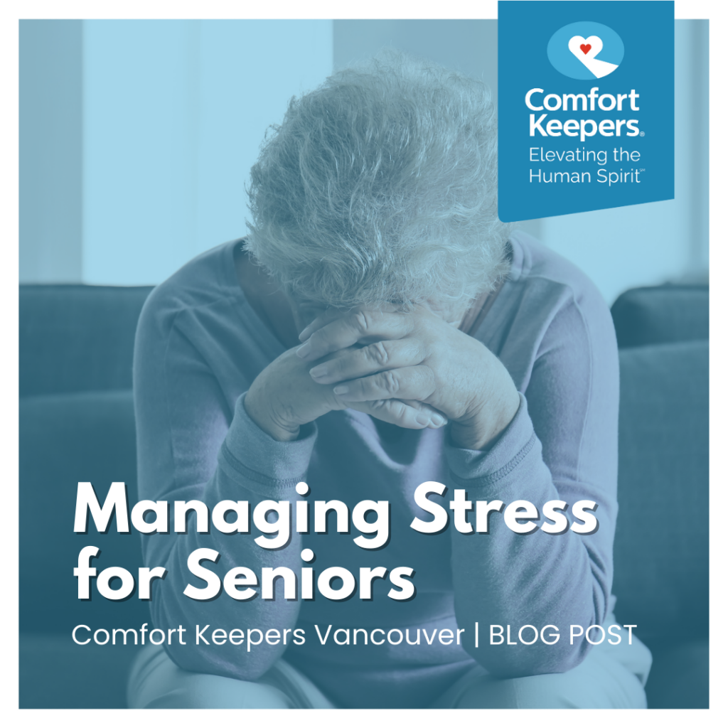 Senior seated on couch with head in hands seemingly depressed | Comfort Keepers Vancouver | Managing Stress for Seniors | BLOG POST