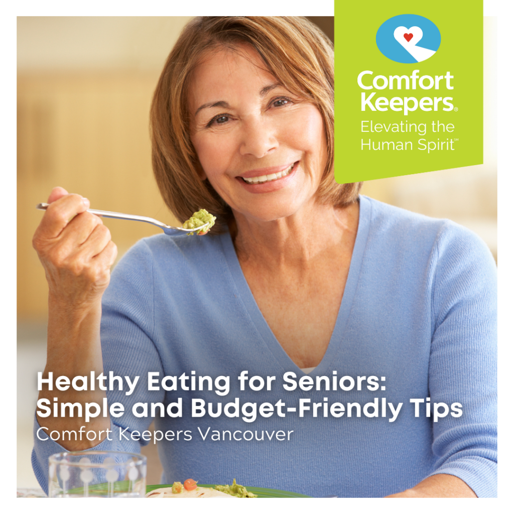 Woman eating and smiling | Healthy Eating for Seniors: Simple and Budget-Friendly Tips | Comfort Keepers Vancouver | BLOG POST