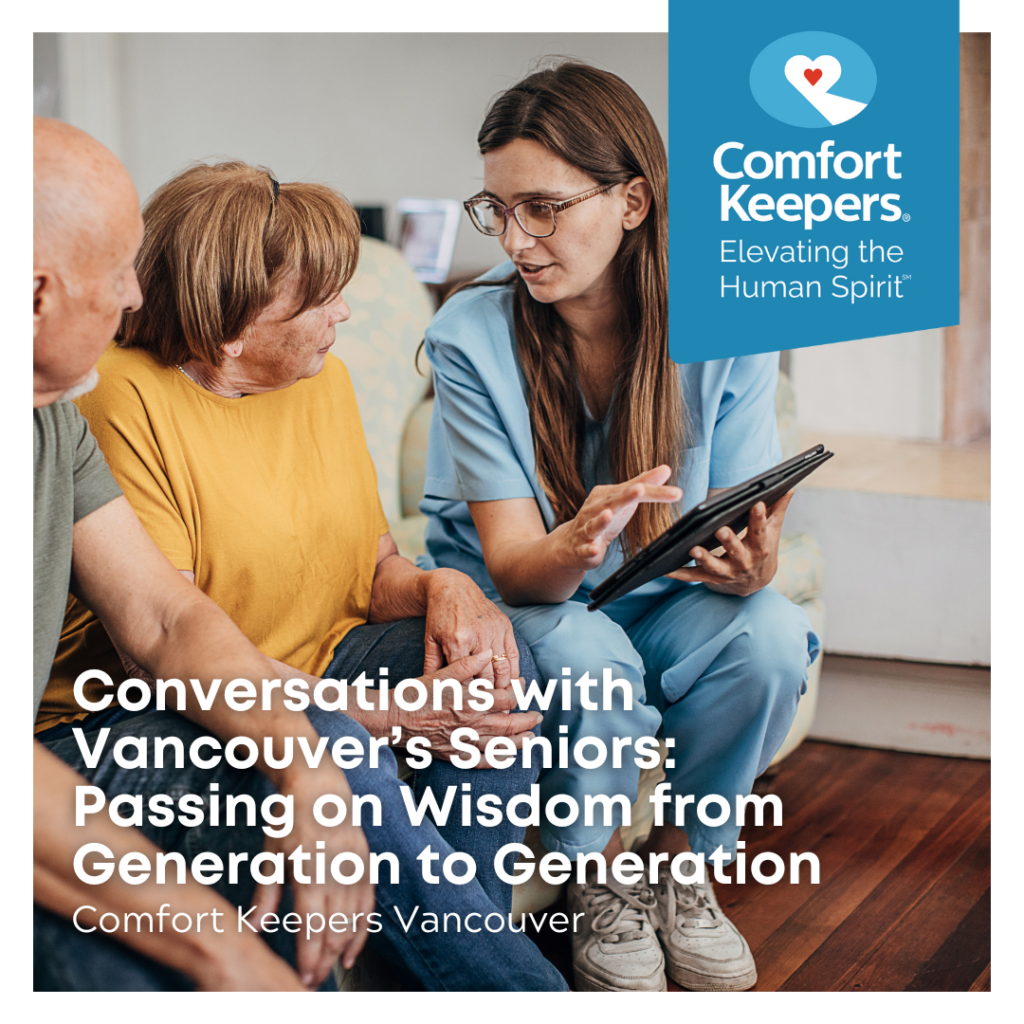 Senior seated on couch with caregiver | Conversations with Vancouvers Seniors - Comfort Keepers Vancouver - BLOG POST