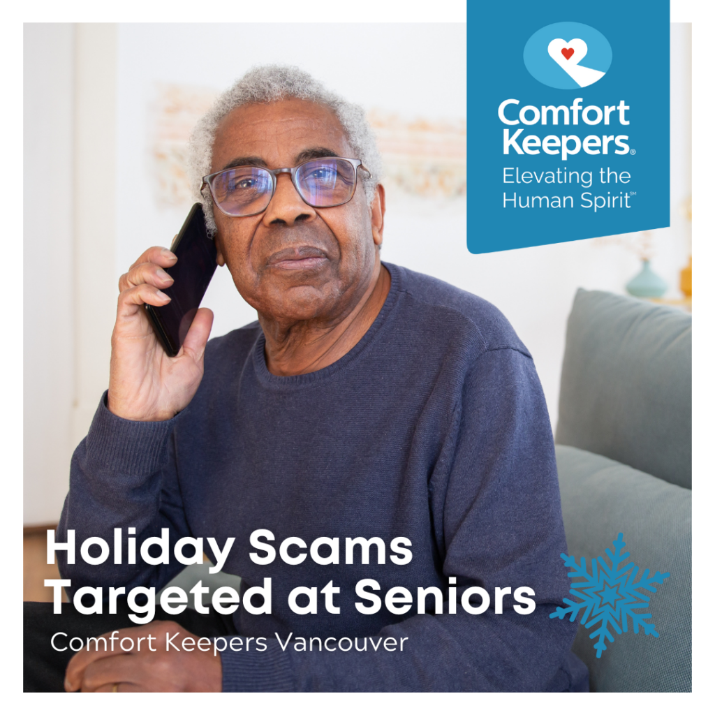 Senior seated on couch talking on phone - Holiday Scams Targeted at Seniors - Comfort Keepers Vancouver - BLOG POST