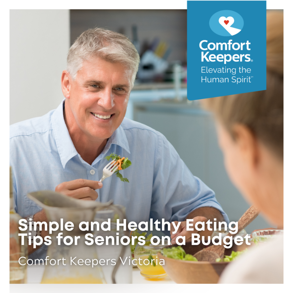 Senior couple eating at table | Simple and Healthy Eating Tips for Seniors on a Budget | Comfort Keepers Victoria | BLOG POST