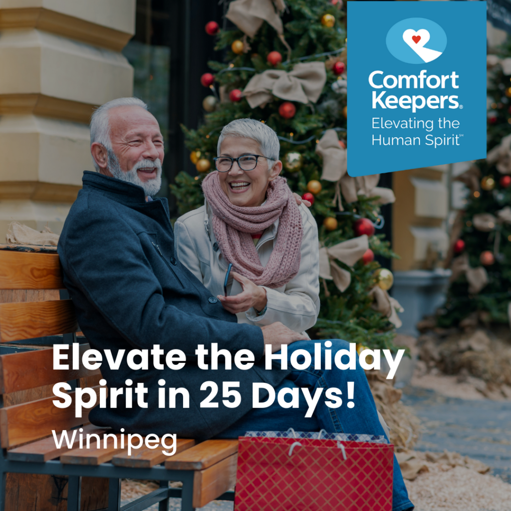 Two seniors outside and seated on bench smiling | Elevate the Holiday Spirit | BLOG POSR | Comfort Keepers Winnipeg