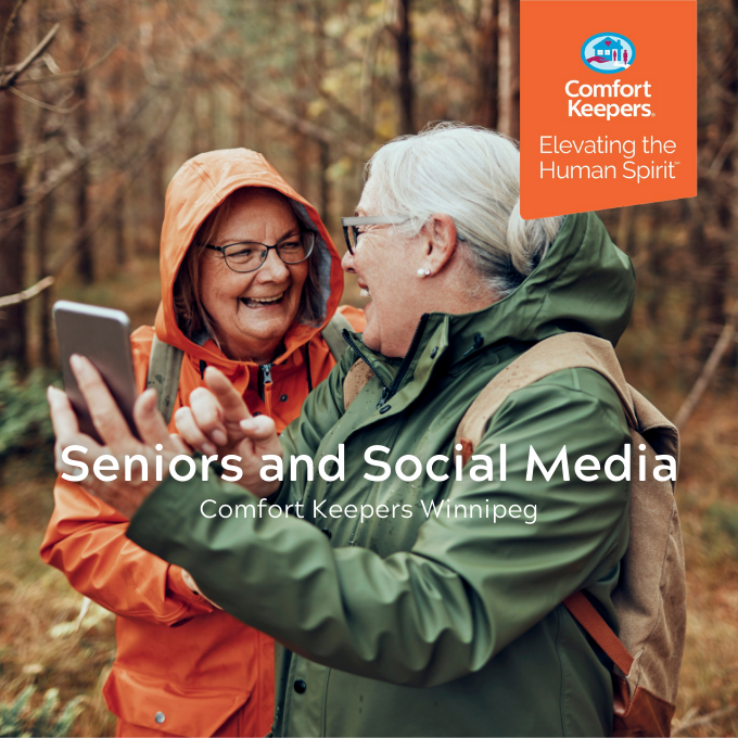 Seniors hiking in woods checking their social media | Seniors and Social Media | BLOG POST | Comfort Keepers Winnipeg