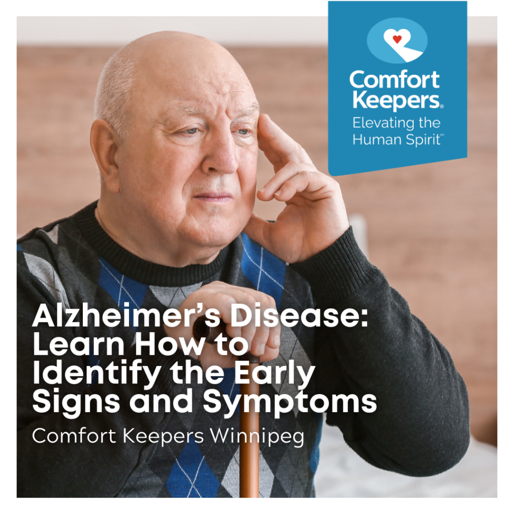 Senior Male with left hand to head and left hand holding cane | Comfort Keepers Winnipeg - Alzheimer's Disease - Learn How to Identify the Early Signs and Symptoms - BLOG POST