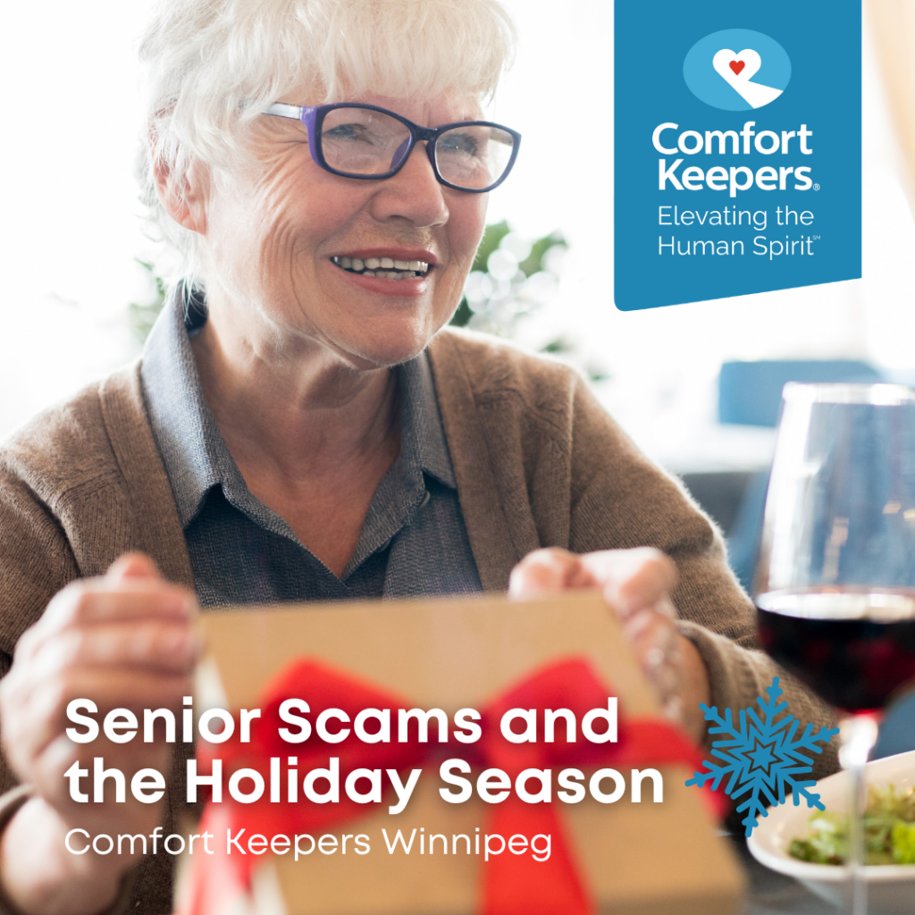 Senior woman with gift | Senior Scams and the Holiday Season - Comfort Keepers Winnipeg - BLOG POST